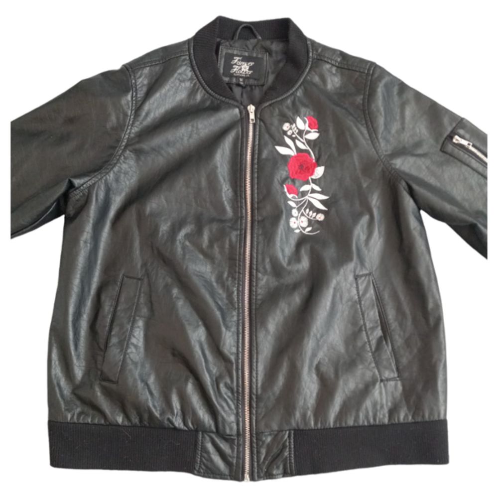 Forever Flower Faux Leather Jacket with Red Rose Embroidery Size 1X